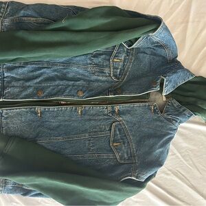 Mickey Mouse Blue Denim Jacket with Forest Green Hooded Sleeves